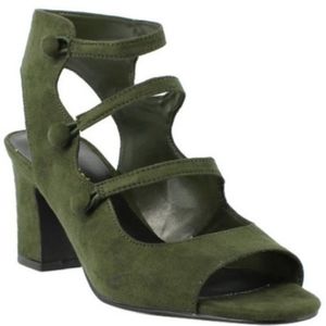 Green Faux Suede Leather Button Ankle Strap Ladies Shoes